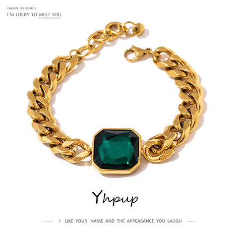 Yhpup-pulsera de oro y cristal verde para mujer, brazalete grueso de estilo Hip Hop, chapado en oro de 18 K, Punk ► Foto 1/6