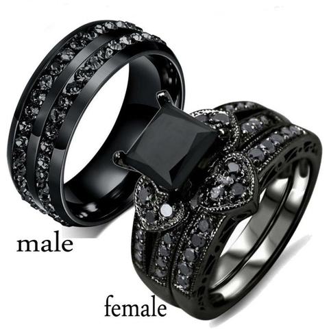 Anillo negro de circonia inoxidable para hombre y mujer, joyería sencilla con diamantes de imitación, corazón, juego de anillos para mujer, regalo de compromiso ► Foto 1/6