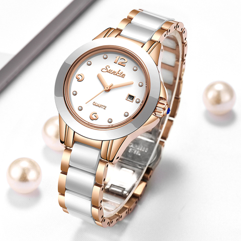 LIGE-Reloj de pulsera de cerámica para mujer, resistente al agua, de acero inoxidable, con fecha, marca Sunkta, 2022 ► Foto 1/6