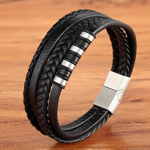 Pulsera clásica multicapa de acero inoxidable para hombre, brazalete de cuero, tejido a mano, personalizable, calidad ► Foto 1/6