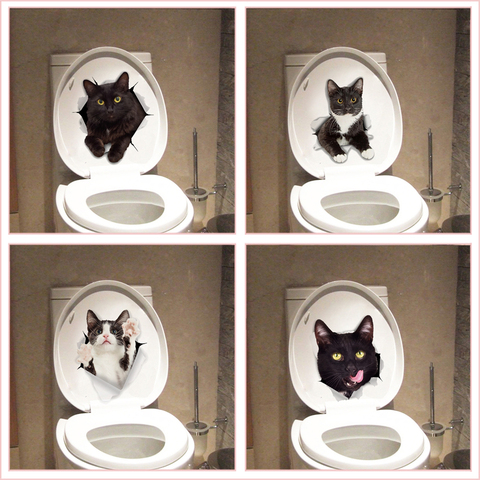 Vivid 3d agujero divertido gato perro inodoro pegatinas Diy Wc baño decoración del hogar lindo gatito cachorro mascota arte en la pared con animales calcomanías ► Foto 1/6