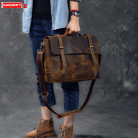 Bolso de cuero importado Retro para hombre, bolsa para portátil de 14 pulgadas, maletín de negocios, bolsas de mensajero de hombro, bolso de cuero Crazy Horse ► Foto 1/6