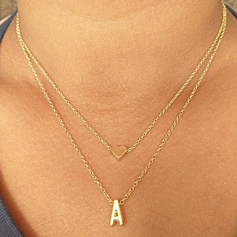 Jisensp-collar con inicial de corazón pequeño para mujer, Gargantilla con nombre y letras de A-Z de doble capa, colgante para mujer, regalo de joyería ► Foto 1/6