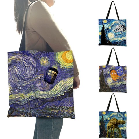 Bolso de moda de pintura noche estrellada de Van Gogh, bolso bolsas de compras reutilizables bolsas de conveniencia de viaje de playa plegable bolsas ► Foto 1/6