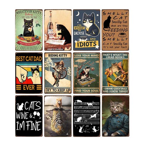 Letrero de lata de Metal con dibujos animados de gato negro para mascotas, cartel para pared decorativa, placas, placa Retro Para decoración del hogar, 20x30cm ► Foto 1/6