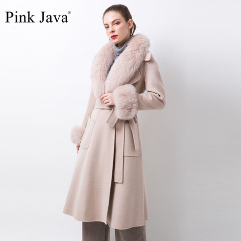 Rosa Java QC20068 nueva llegada gran oferta invierno de las mujeres lana abrigo de cachemir cuello de piel de zorro Real de piel de brazalete de gran tamaño ► Foto 1/6