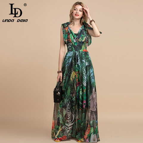 LD LINDA-vestido largo bohemio de verano para mujer, vestido elástico Vintage con estampado de flores, cuello de pico, de talla grande ► Foto 1/6