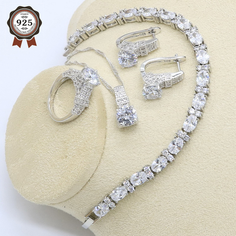 Conjunto de joyería geométrica de circonita blanca para mujer, con pulsera, pendientes de aro, collar, colgante, anillo de plata, caja de regalo ► Foto 1/6