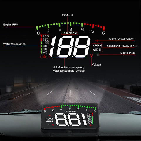 Pantalla frontal de coche OBD2, 5 niveles de ajuste de brillo, tablero, proyector de velocidad HUD, RPM, temperatura, alarma de conducción durante más tiempo ► Foto 1/6