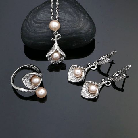 Juegos de joyas para mujer, de plata de ley 925, cuentas de perlas rosas, pendientes de cristal blanco, collar, conjunto de anillo abierto ► Foto 1/1