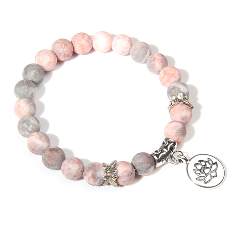 Pulseras de piedra de cebra Rosa Natural para mujer, Pulsera de energía curativa para oración de Buda, Color plateado, amuleto de loto ► Foto 1/6