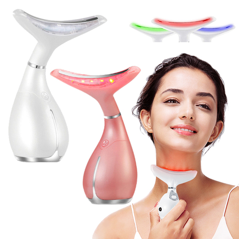 Terapia de fotones LED para estiramiento de cuello y cara, masajeador con vibración para apretar la piel, dispositivo de belleza para reducir arrugas de doble barbilla ► Foto 1/6