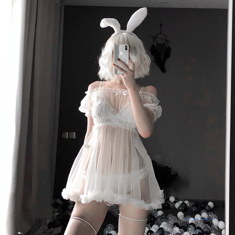 Kawaii Lencería de encaje Babydoll Pijamas para mujeres-hombro de la tentación de ver a través de vestido erótico Cosplay disfraces ► Foto 1/6