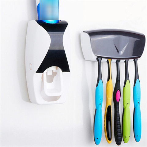 Accesorios de baño dispensador automático de pasta de dientes + juego de 5 uds soporte de cepillo de dientes estante de montaje en pared accesorios de baño Oral ► Foto 1/6