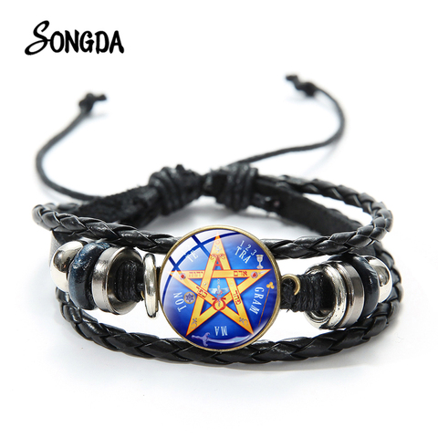 La brujería patrón de pentagrama pulsera cabujón cristal Tetragrammaton Pentáculo Cadena de cuerda de cuero pulseras para Mujeres Hombres talismán ► Foto 1/6