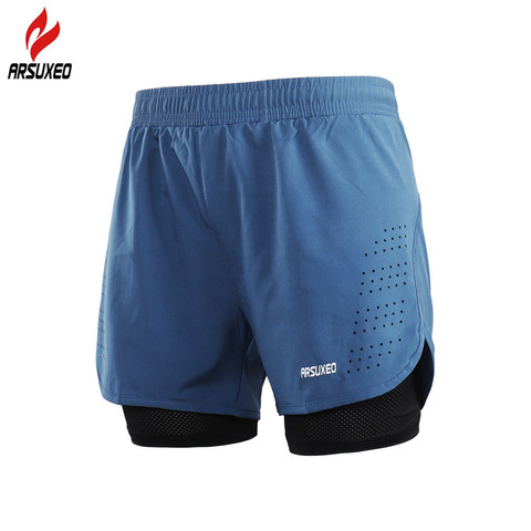 ARSUXEO-pantalones cortos 2 en 1 para correr para hombre, con cuerda de cintura, de secado rápido, con cremallera, bolsillo, para maratón, deportes, Fitness, gimnasio, con Linner largo ► Foto 1/6