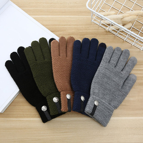 Guantes de invierno cálidos para hombre, manoplas flexibles de dedo completo, gruesos de lana y cachemira, para teléfono inteligente y tableta, 1 par ► Foto 1/6