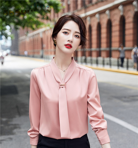 Blusas rosas elegantes de larga para primavera y otoño, blusa de estilo OL para mujer, ropa de trabajo de blusas de estilo profesional para mujer - Historial de precios