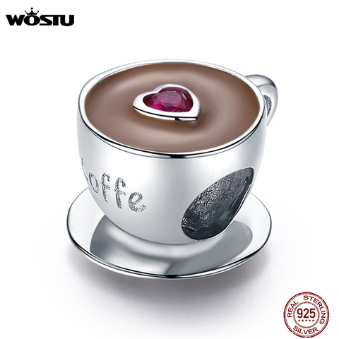 Wostuu gran oferta Plata de Ley 925 auténtica corazón lindo café abalorios en forma de taza Ajuste Original plata encanto pulsera joyería CQC1286 ► Foto 1/6