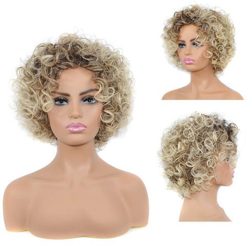 Corte Pixie Jerry Rizado corto Afro Peluca de pelo sintético rizado Afro coqueto pelucas para mujeres negras Invisible rizado peluca Bob ► Foto 1/6