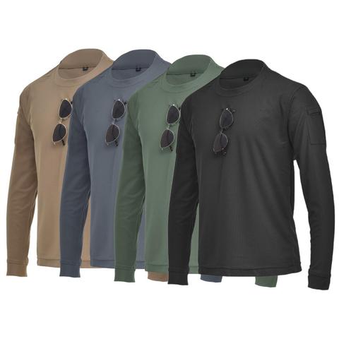 Camiseta informal de manga larga con cuello redondo para hombre, suéter con bolsillos absorbentes para el sudor, elástico táctico, camiseta de entrenamiento con ventilador militar ► Foto 1/6