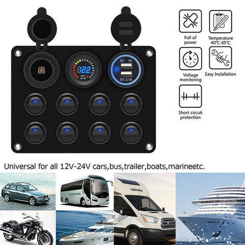 8 pandilla Led Marina barco interruptor Panel 12V-interruptor de palanca Panel 2 USB cargador de coche barco Marina RV camión ► Foto 1/6