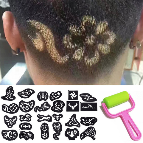 Recortador de pelo con plantilla para tatuajes, 25 uds., tatuaje de plantilla tallada para coloración, peluquería, herramientas de estilismo para el cabello, suministros de pegatinas de tatuaje ► Foto 1/6