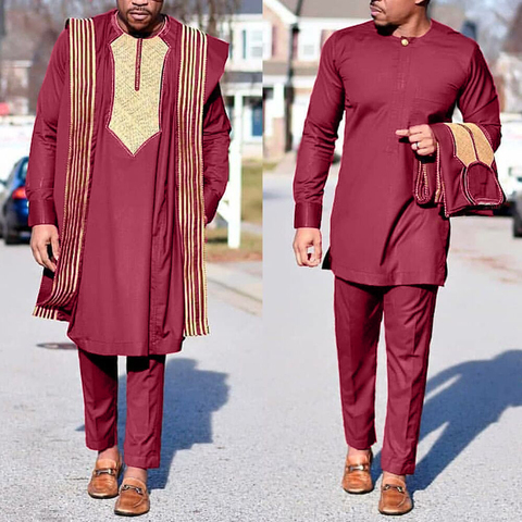 H & D-traje de Agbada africana para hombre túnica con bordado Dashiki, conjunto de camisa y pantalones, 3 uds. ► Foto 1/6