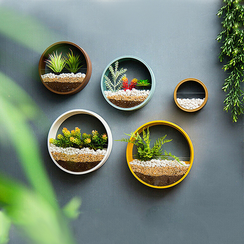 Florero de pared de Color sólido para decoración del hogar, jarra redonda para bonsái, cesto de flores artificiales, maceta de pared, maceta de piedra de colores, floreros colgantes ► Foto 1/5