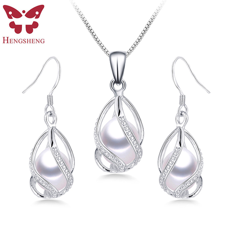 Juegos de joyas para mujer con perlas de agua dulce 100% naturales, pendientes de plata de ley 925 a la moda + colgante, joyería de boda con caja ► Foto 1/6