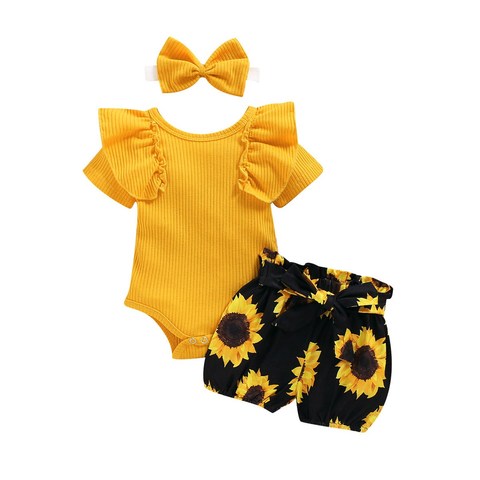 Ropa de verano para bebé, Pelele de manga corta para niña, Mono para Recién Nacido + pantalones cortos de tutú de girasol, conjunto de 3 uds. ► Foto 1/6