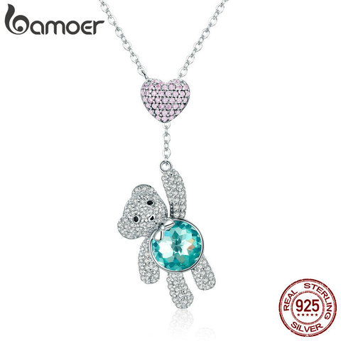 BAMOER-pendientes de plata de ley 100% con forma de corazón, Collares Colgantes Animales de corazón con zirconia cúbica, en color rosa, para mujeres ► Foto 1/6