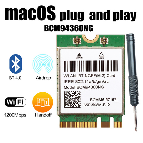 Hackintosh-tarjeta Wifi macOS BCM94360NG M.2, banda Dual, 1200Mbps, 5Ghz, Bluetooth 4,0, 802.11ac, adaptador inalámbrico que DW1560, BCM94352Z ► Foto 1/6