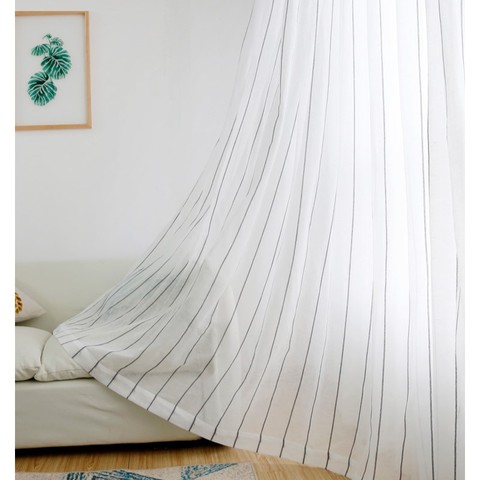 Cortinas de gasa personalizadas para ventana, cortina de viento nórdico de estilo japonés, rayadas de hilo de algodón simples, para sala de estar, dormitorio y balcón ► Foto 1/1