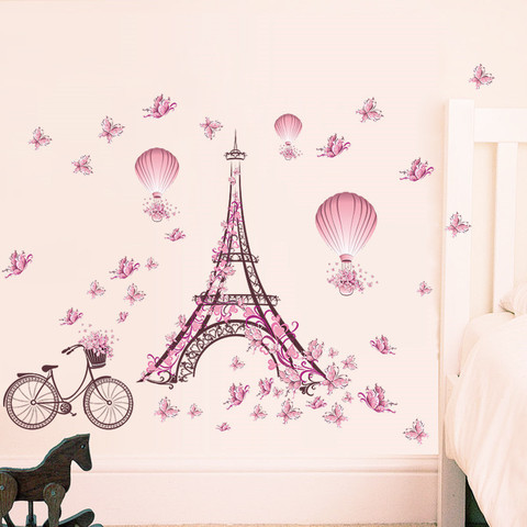 Pegatinas de pared de la Torre Eiffel romántica, calcomanías para decoración de sala de estar, dormitorio, bicicleta, flor, globo de aire caliente, decoración de boda ► Foto 1/6