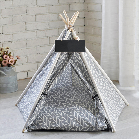 Tienda portátil de lino para mascotas, casa para perros, casa para gatitos, Teepee lavable, cachorro, gato, casa para interiores y exteriores, cueva tiepee portátil con esterilla ► Foto 1/6