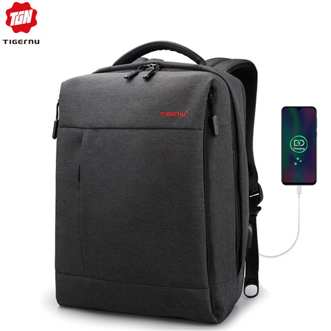 Mochila delgada marca tigerlu, mochila de carga USB para hombres, mochila para ordenador portátil de 14 15,6 pulgadas, mochila de colegio simple a prueba de salpicaduras para adolescentes ► Foto 1/6