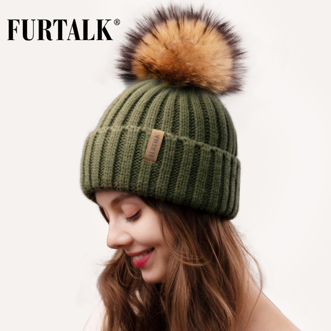 Furtalk Real gorro pompón de pelo sombrero de las mujeres de invierno de punto sombrero caliente gran mapache pompón sombrero para mujer ► Foto 1/6