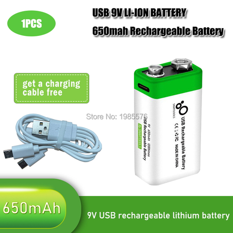 Batería de litio recargable por USB, 9 V, 6F22, 650mAh, 9 V, para multímetro, micrófonos de juguete, Control remoto, KTV, 1 ud. ► Foto 1/6