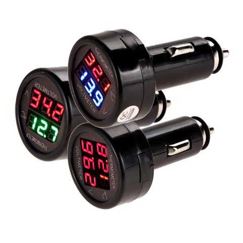 Voltímetro con pantalla LED para coche, medidor de temperatura de 12V/24V, voltímetro, encendedor de cigarrillos, color rojo y azul ► Foto 1/6