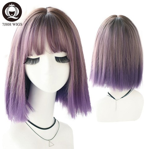 7JHH-peluca de cabello sintético para niña, cabellera artificial lisa de 18 pulgadas, color morado y verde, Seda de alta temperatura de moda, gran oferta, para uso diario ► Foto 1/6