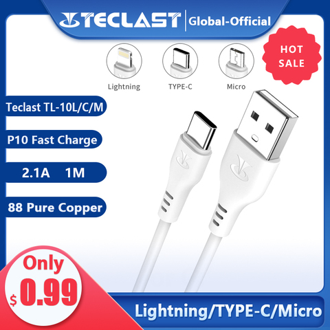 Teclast-Cable de carga rápida P10, Cable Lightning tipo C, Micro USB 2.1A, calidad duradera, material de PVC de 1m, carga rápida ► Foto 1/6