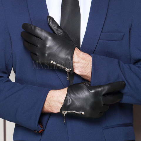 Guantes negros de cuero italiano con cremallera lateral para hombre ► Foto 1/6