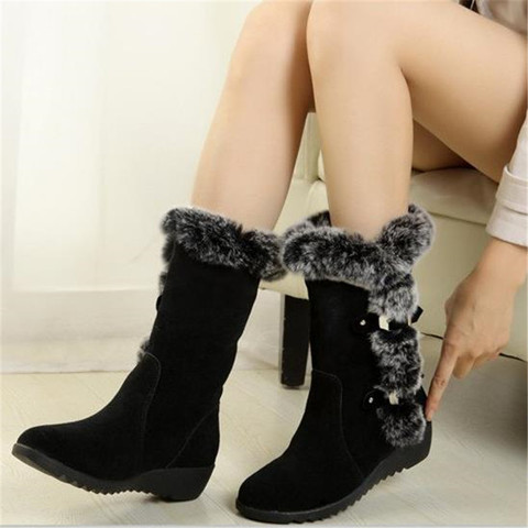 Nuevo invierno mujer botas Casual de piel de becerro botas Zapatos de las mujeres Slip-On del dedo del pie redondo botas de nieve cuñas zapatos Muje de talla grande 42 ► Foto 1/6