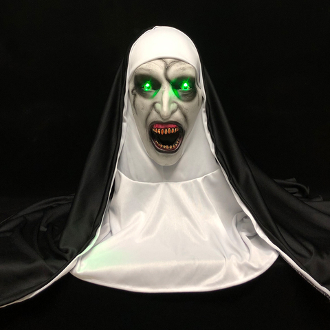 Máscara de Horror LED de la monja para Cosplay, máscaras de látex de Valak aterrador con pañuelo para la cabeza, luz Led, accesorios de fiesta de Halloween de lujo ► Foto 1/6