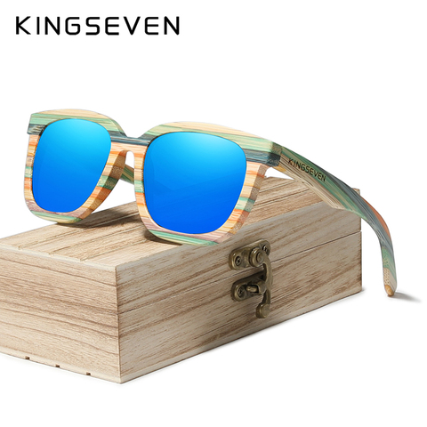 KINGSEVEN-gafas de sol de bambú Natural para hombre y mujer, anteojos de sol hechos a mano con espejo polarizado, UV400, marco completo de madera ► Foto 1/5