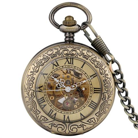 Reloj de bolsillo mecánico automático para hombre y mujer, con diseño transparente de Bronce Antiguo, reloj de bolsillo automático, regalo con cadena Retro ► Foto 1/6