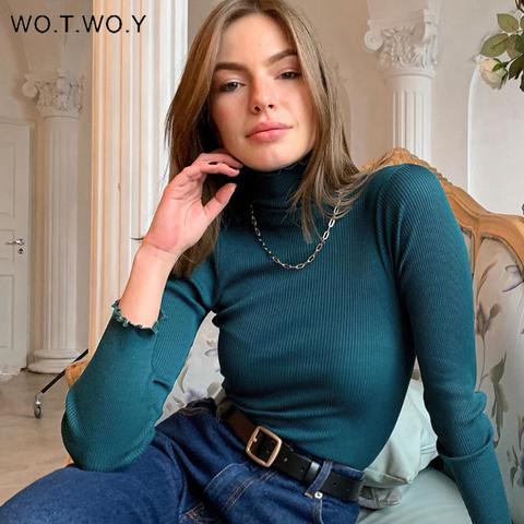 WOTWOY Slim Fit suéter con volantes de cuello alto mujeres sólido bajo de punto jerseys mujeres mariposa manga jerseys mujer otoño ► Foto 1/6