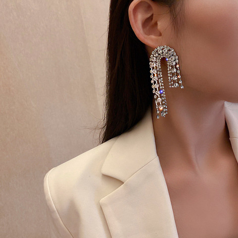 FYUAN-pendientes de gota de cristal con borla larga para mujer, aretes de diamante de imitación geométrico asimétrico, joyería de Fiesta de bodas ► Foto 1/6