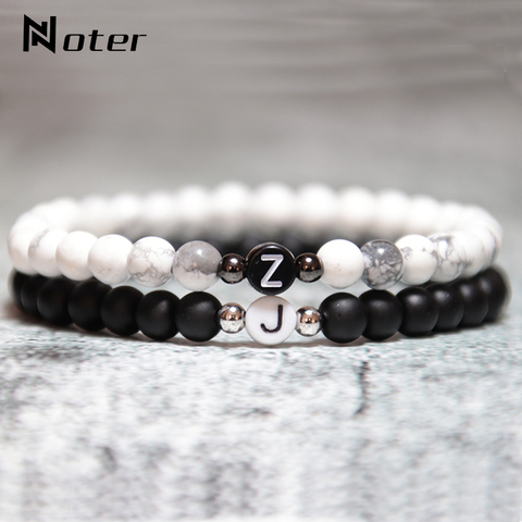 Pulsera con 26 letras para hombre y mujer, brazalete con abalorio, color blanco y negro, piedra Natural Real, 2022 ► Foto 1/6